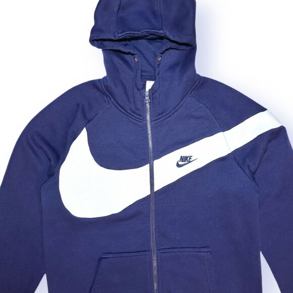 VTG 80s 90s Nike Big Swoosh Full Zip Hoodie Navy White Unisex S-M Colorblock - Picture 2 of 13